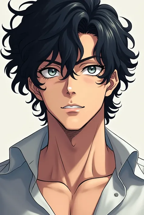 white male, curly black hair,  grey-eyed, marked jaw, masculine, slightly open dress shirt, anime styling