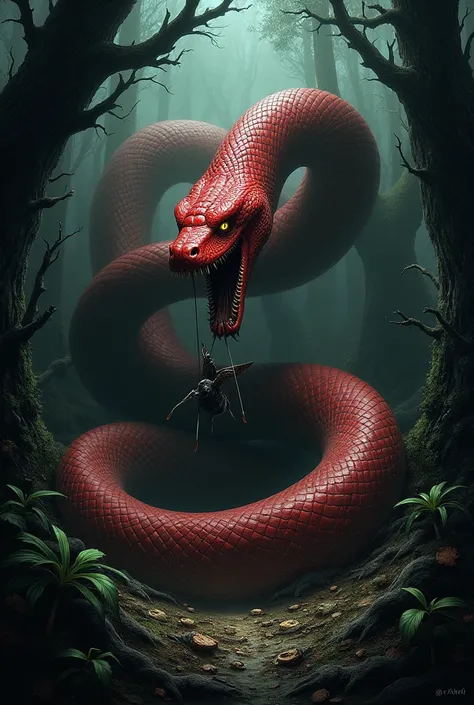 Terrible forest.  A lot of big work.  A hungry red snake is swallowing a baby bird from a birds nest.