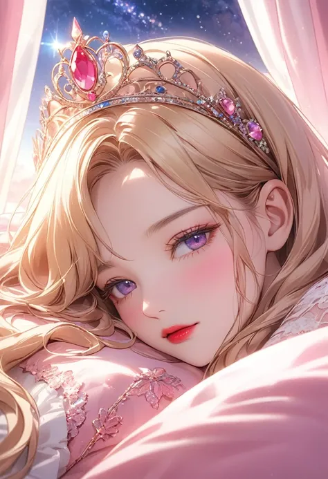 (Pink Themeアート),(Highest quality),(masterpiece),(1. sleeping beauty),(alone),Delicately painted face,Girl with a beautiful face,Beautifully detailed, Clear purple eyes,(Pink fashion with beautiful details),Sleeping on the bed,Beautiful Skin,Beautifully det...