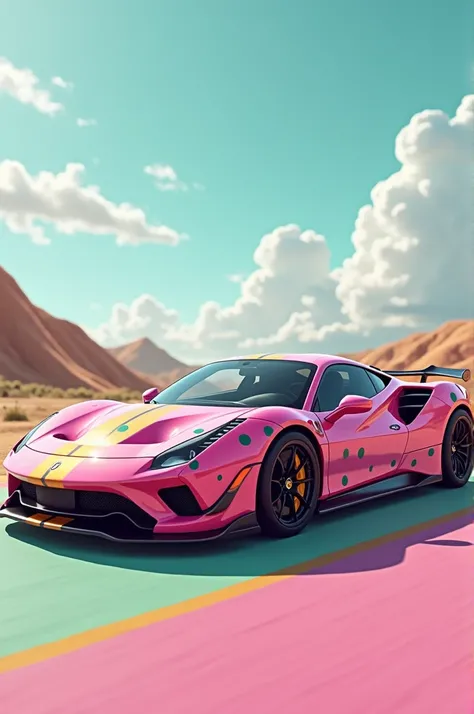 A pink car with green polka dots and gold stripes