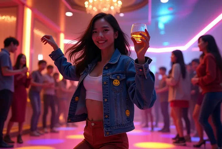 A beautiful Korean girl is dancing confidently on a vibrant dance floor in a luxurious, dimly lit bar. She is holding a glass of liquor in one hand and wearing a stylish denim jacket adorned with smiley face stickers scattered all over it. Around her, a cr...