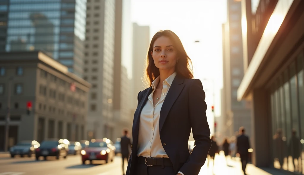 1 woman in suit standing on sidewalk, cityscape, sky, sunny morning, professional lighting, photon mapping, photorealistic, Brazilian woman, blouse, business suit, silk outfit