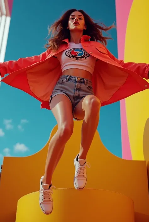 Jumping in mid-air, she sports a casual outfit with a loose jacket, graphic t-shirt, and shorts, complemented by white sneakers. The scene is set in an indoor environment with vibrant, atmospheric lighting and futuristic elements, casting a lively and ener...