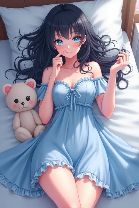 Black Hair、Bob Hair、On the bed、Light blue eyes、anime、Big Breasts、Light blue off-shoulder、Hata、Frills、stuffed toy