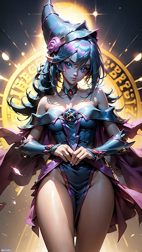 hyperrealistic portrait of a young dark magician girl with a mischievous expression. she wears a negligee that highlights her fi...