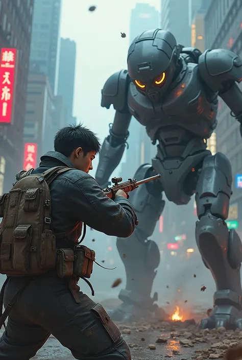 Very realistic, an 1 young Korean resistance man, wearing worn armor and holding a gun, is fighting fiercely with a robot. The background is a cyberpunk cityscape with a strong neon feel, and exudes an atmosphere of deep despair. The streets are full of ru...