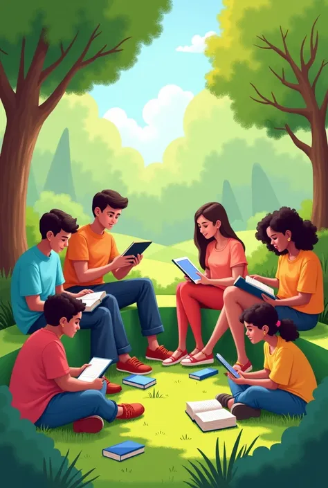 Create a 2D illustration depicting people from a reading community discussing their reading books on a tablet in a park.