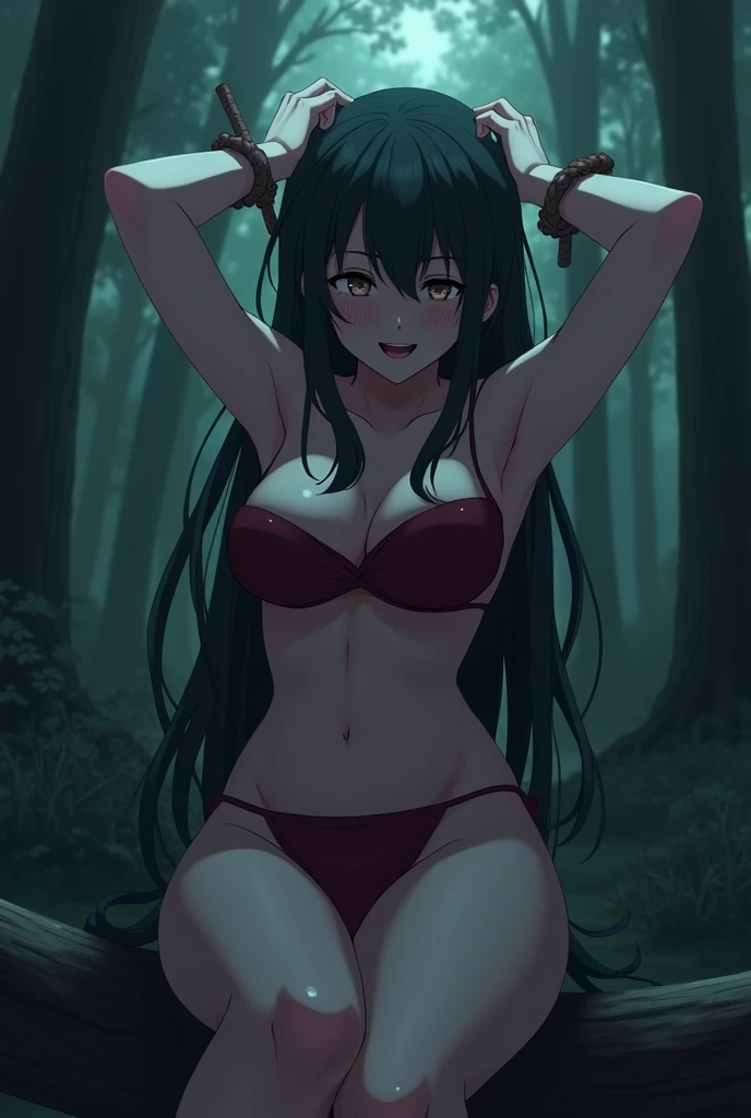 Darkness konosuba, is located in forest, She is tied by the hands, rests his head on a tree, is loaded from the legs, while they put a penis in, abused, is rammed with a penis inside her vagina, open legs, has semen on his face, cum on her body, Lewd face,...