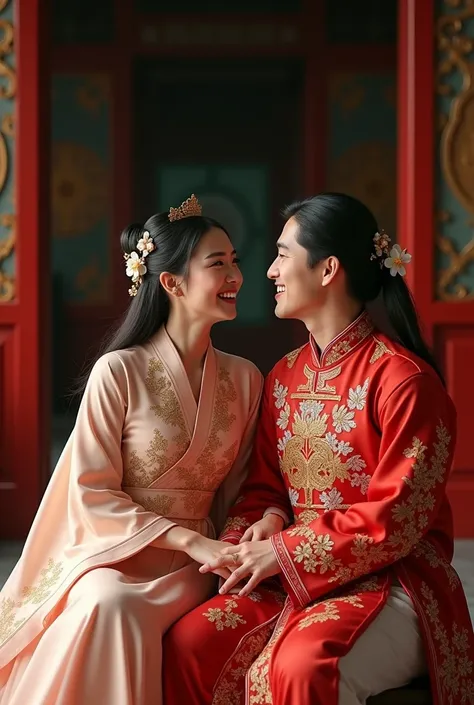 young handsome chinese man with his beautiful wife sitting down laughing, royal clothes, Long Hair, looking at viewer 