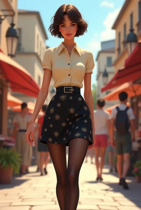 beautiful adult woman, fit, age 28, short wavy brunette hair pixie cut, cream short sleeve blouse with peter pan collar, black small print pattern high waisted skirt, black high heels, black pantyhose, walking on the sidewalk in a busy town square with str...