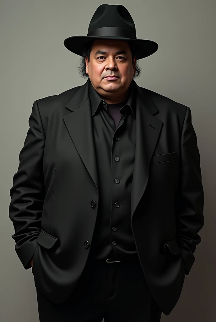 Generate a photo of an obese Michael Jackson that can be seen in his black suit and hat and nose 