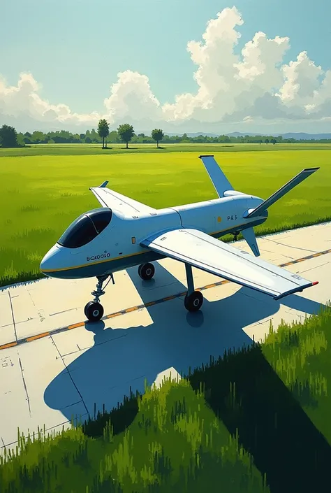 Shahpar 2 is pakistani uav. Make a painting where shahpar 2 is standing on runway. There is rich green field alongside runway. There is sharp shadow constrast of shahpar 2 on runway ground. Abstract a little. Make side view of shahpar. Dont make it look li...