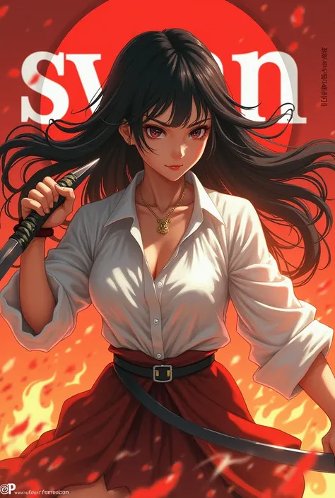 anime artwork, girl young beautiful, 32C cup size, red background, long hair, cute, white text in background "Swan" stylish, swords, fierce, fire around, fighting, scars on face, only wearing white shirt long