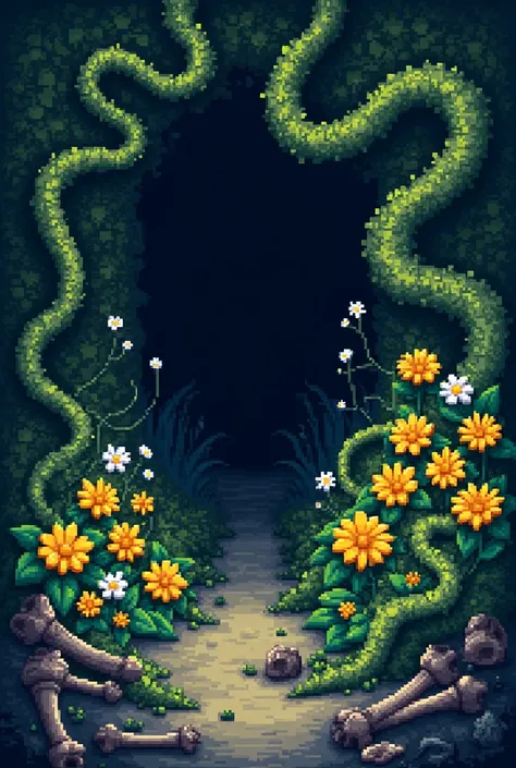 A title that says Botanophobia, with dark green vines,yellow flowers with white center and bones (pixel art style
