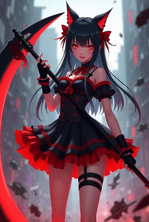 A young woman with long, straight black hair adorned with cat ear hair accessories and red bows. She is dressed in a black and red frilly outfit., with intricate details and matching gloves. She holds a large scythe, standing confidently with a dynamic pos...