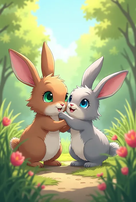 Make a cute feral furry rabbit couple male rabbit green eyes and female rabbit blue eyes with high-quality digital illustration with an anime style or manga-inspired art style, rendered with vibrants color, smooth shading, detailed line work, and the quali...