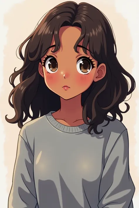 20 year old girl with dark skin and dark brown wavy hair and a grey sweatshirt, anime version 