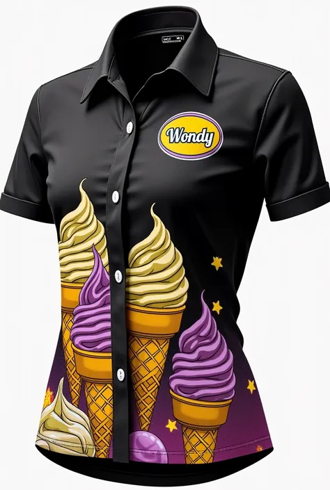 Act like a professional designer and design an Ice Cream Shop Uniform Shirt with eye-catching cones and different ice creams. that the base color is black with yellow and purple that has the name WONDY on the right side chest 