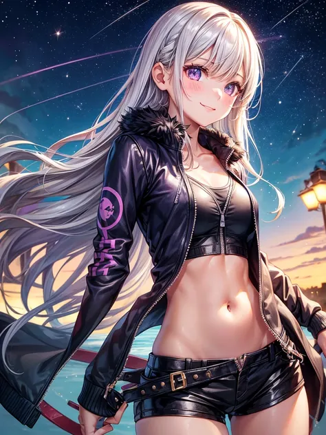 best quality，，smile，blazer，swimsuit，School，Collective of girls，Track jacket，Physical education class，JK，Sexy and cute，future，Wearing a fastener bra，zipper bra，Long Hair，She has her bangs down，Purple Eyes，evolution系ファッション，Cuteness at its finest，Sparkling，Le...