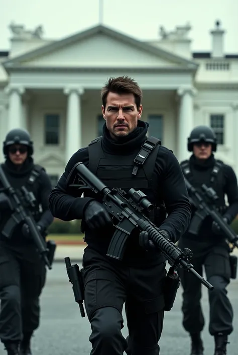 Tom Cruise wearing a black uniform holding an AR 15 with several IMF operators charging the White House 