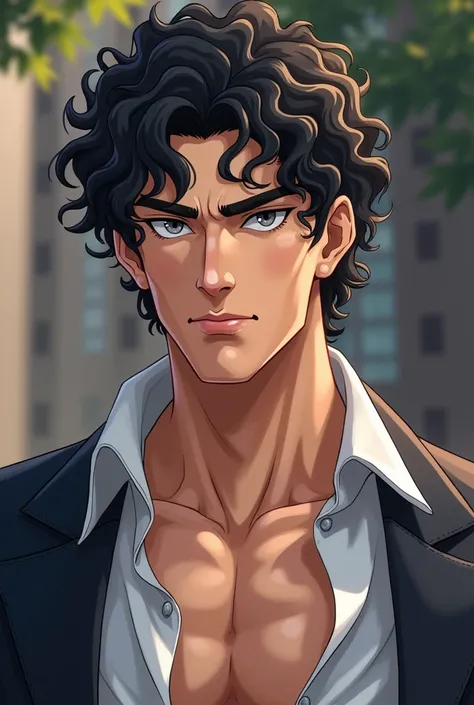 white male, curly black hair,  grey-eyed, marked jaw, brawny, mogul, slightly open dress shirt, anime styling