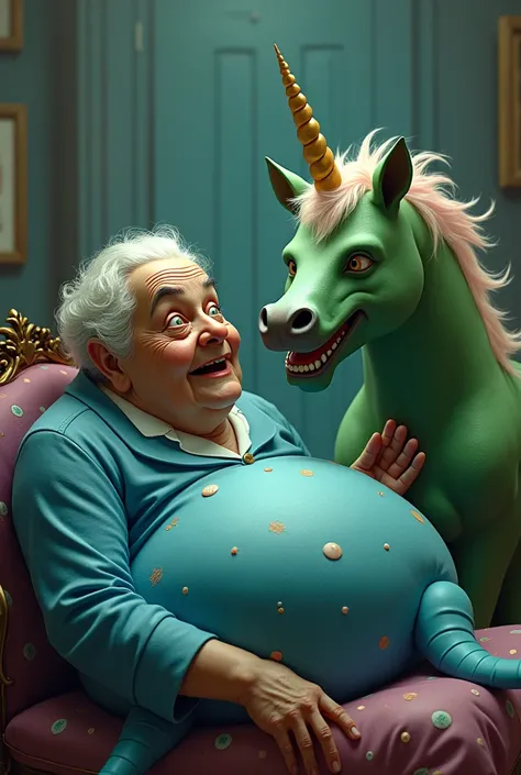 An old woman holding a very happy green unicorn Happier and happier and psychopathic and with a very very fat blue cat 