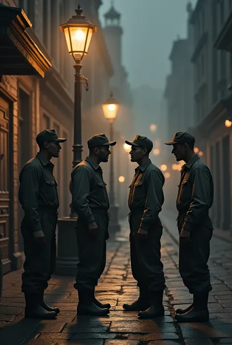 1910 four people in workers&#39; clothing of the time under a lamppost talking, a black  