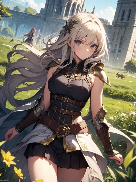 A group of  female medieval fantasy adventurers, (in Outdoors), various hair styles, harem, grassland, details face, short skirt, seducing, sleeveless, armor