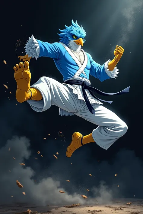 Generates an image of a sky-blue male falcon with a white chest, yellow beak, green eyes wearing a taekwondo uniform, black belt, throwing a very high kick. Black background with a bit of smoke and particles in some places. The style is like the anime "Ken...