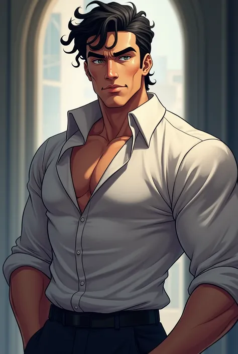 white male, curly black hair,  grey-eyed, marked jaw, brawny, mogul, slightly open dress shirt, anime styling