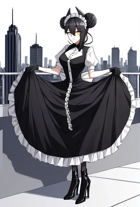 agent (girls frontline), gloves, long skirt, 1girl, Solo, AgentNormal,double bun,maid,sangvis ferri,yellow eyes, black hair, city, black heel boots