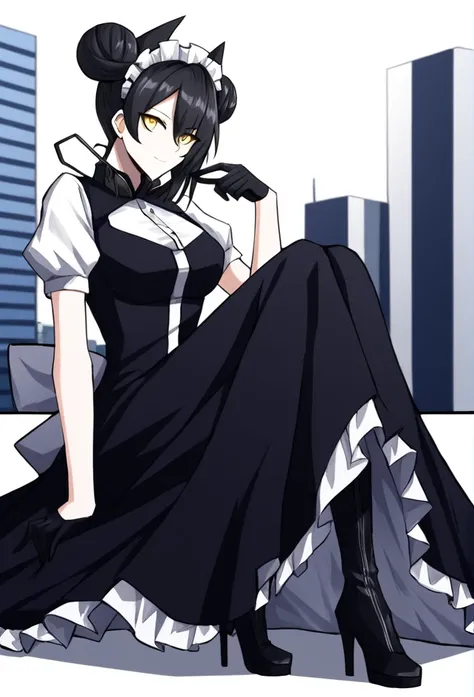 agent (girls frontline), gloves, long skirt, 1girl, Solo, AgentNormal,double bun,maid,sangvis ferri,yellow eyes, black hair, city, black heel boots