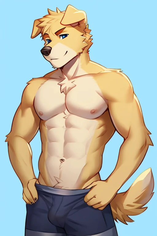 shirtless, golden retriever, Anthro, Leaned, Male, 