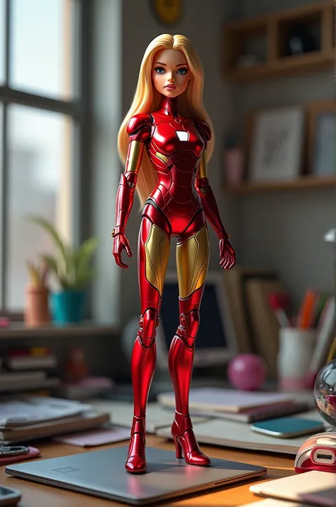 Iron man doll standing on a laptop on a desk, make the doll have a barbie style