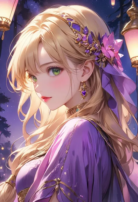 (Purple Themeアート),(Highest quality),(masterpiece),(1. 塔の上のRapunzel),(alone),Delicately painted face,Girl with a beautiful face,Beautifully detailed, Clear green eyes,(Purple and pink fashion with beautiful details),Looking out from the top of the tower,Bea...