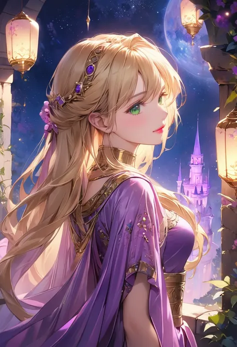 (Purple Themeアート),(Highest quality),(masterpiece),(1. 塔の上のRapunzel),(alone),Delicately painted face,Girl with a beautiful face,Beautifully detailed, Clear green eyes,(Purple and pink fashion with beautiful details),Looking out from the top of the tower,Bea...