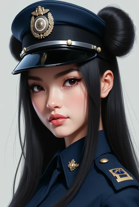 realist, black haired woman with two buns wearing a police hat