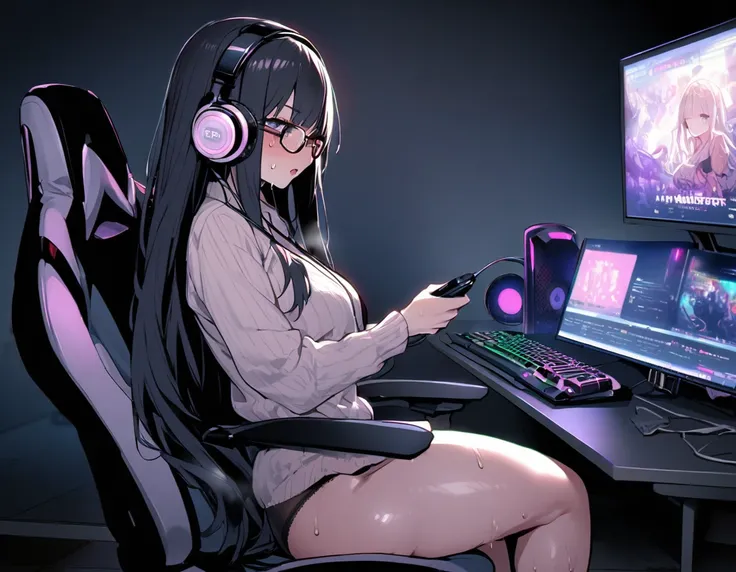 One Woman、beautiful girl、Sit on a chair、big glasses、Dark Room、computer、Sit in a gaming chair、High-end headphones、Have a handheld massager、computerに向き合う、In underwear、beautiful girl, Highest quality, stripe模様のブラジャー、Thick thighs、big 、big Ass、Black Hair、Long H...