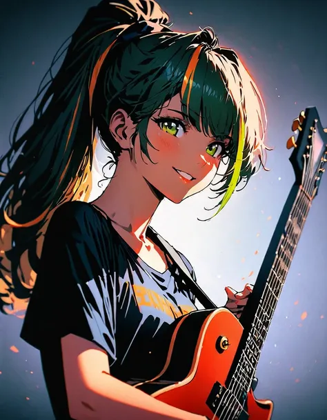 (highest quality:1.2, Very detailed, up to date, Vibrant, Ultra-high resolution, High Contrast, masterpiece:1.2, highest quality, Best aesthetics), Portraiture、girl、((25-years-old:1.5)), (slim:1.2), (black t-shirt), jeans, Playing guitar:1.5, Electric guit...