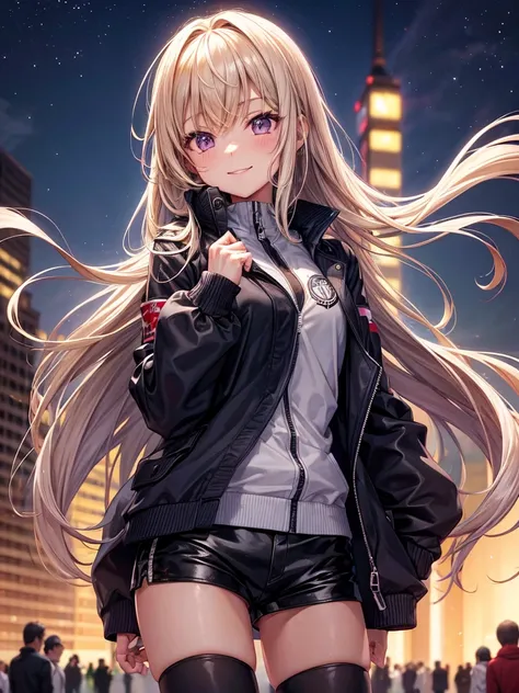 best quality，，smile，blazer，swimsuit，School，Collective of girls，Track jacket，Physical education class，JK，Sexy and cute，future，Wearing a fastener bra，zipper bra，Long Hair，She has her bangs down，Purple Eyes，evolution系ファッション，Cuteness at its finest，Sparkling，Le...