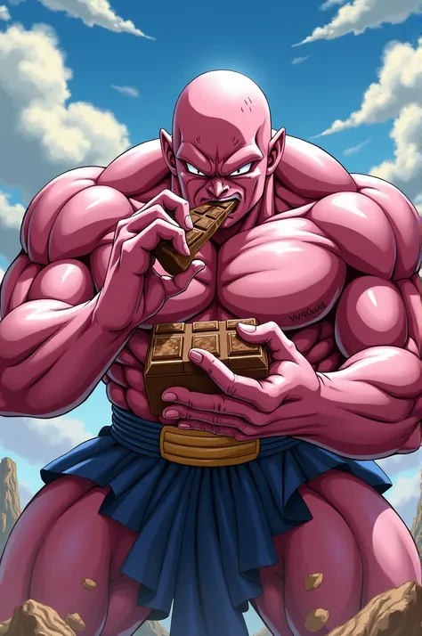 Dragon Ball Majin Boo, muscular body, eating chocolate, anime style