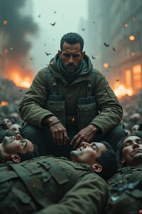 Man with a lifeless look in the center of a rain of grenades and around him there are lifeless war comrades on the ground 