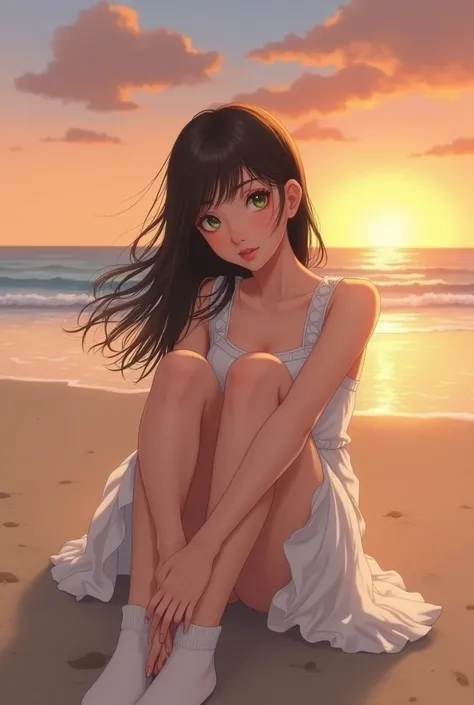 brunette woman, wide lips, by the wide, green eyes, White dress, white socks, without shoes, sitting on the sand of the beach, It&#39;s dawning, cielo anaranja