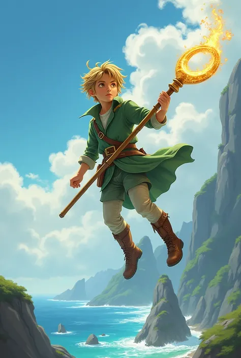 1 boy 15 yo is floating in the air with rod in his left hand (rod detail : golden C shape, wooden handle), brown leather boots, green traveler wearing, lean body, short light blonde golden hair, bright golden eyes , fantasy theme, sky, sea and cliff backgr...