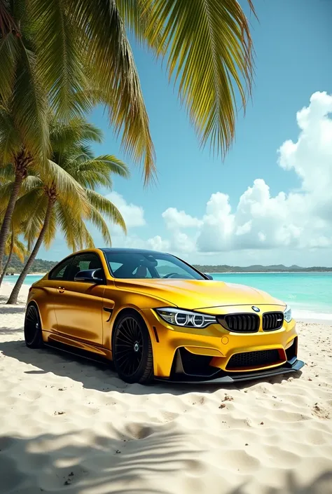 Bmw m4 f82 in gold yellow metallic lowered with performance carbon parts on the beach with palm trees and Japanese bikini girls