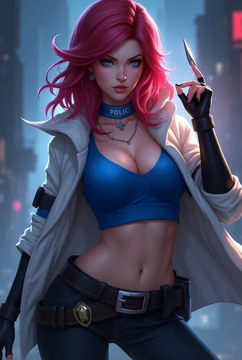 create Natalia from the game Mobile legends, redhead, white coat, white hood, blue eyes, claw on left hand, big breasts, big hips, black jeans, blouse, Torso covered with a sleeveless blue police suit, belt under the breasts and belt on hip, neck covered w...