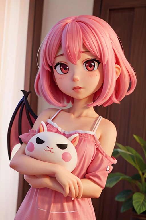 Large head、female、horn、Bat Wing、Pink Hair、camisole、