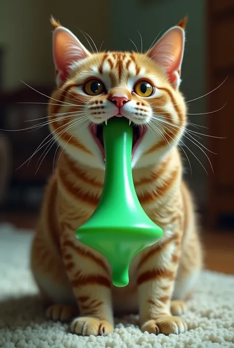 A green dildo in a cat&#39;s mouth