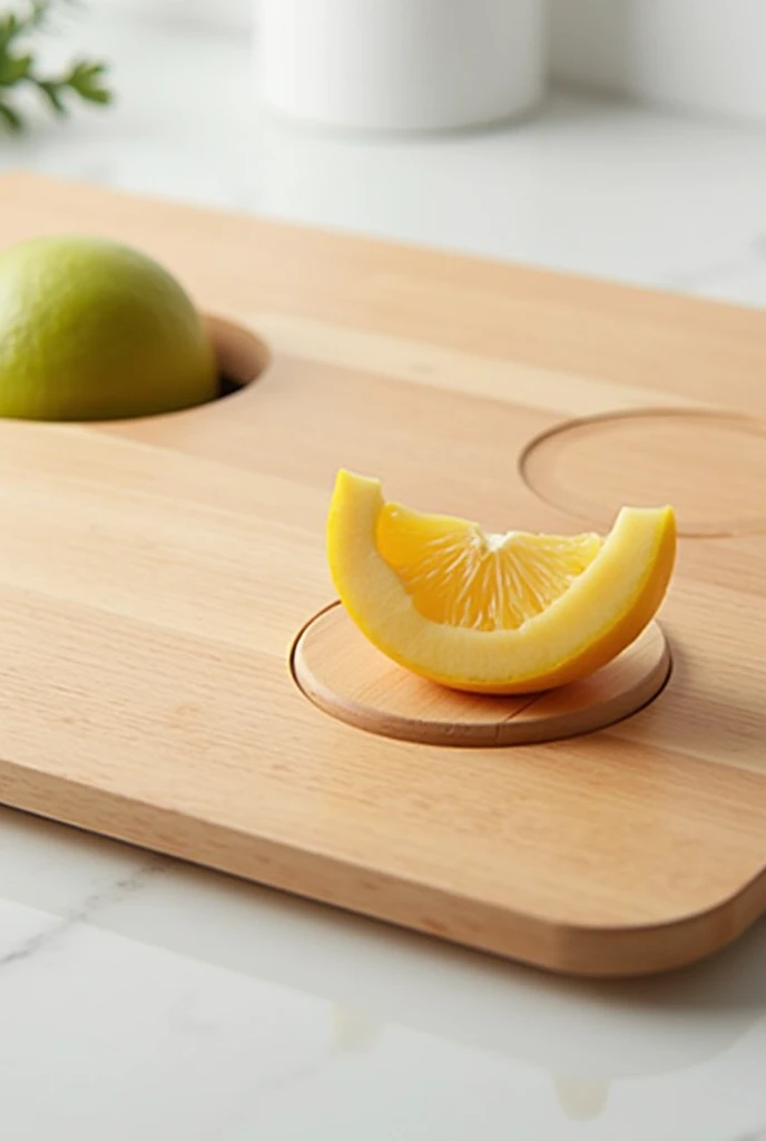 A chopping board with two round grooves and a hole in the middle for the fruit