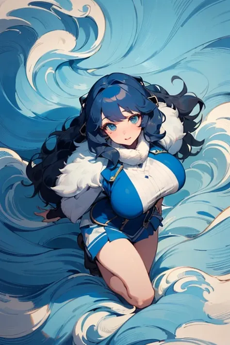 ((Best Quality)), ((masterpiece)), (detailed), 1 girl,((military clothing)),((big breasts,mini skirt, ((For the blue)), ((wavy fur)) ((Whole body)),((view from above))  